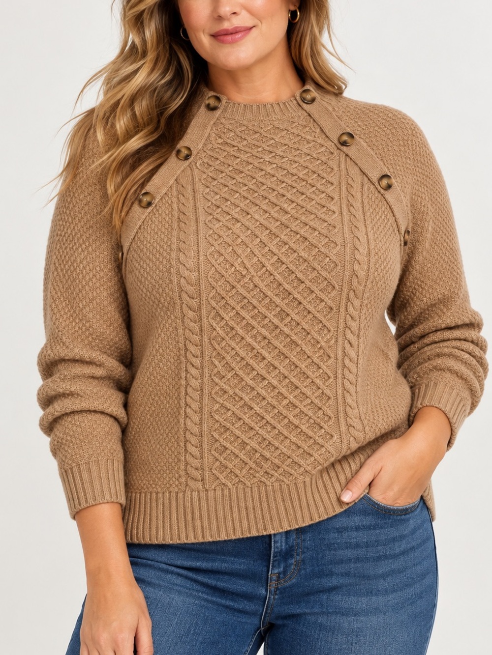 Ann Taylor Cable Knit Button Detail Sweater Tan Camel XL Wool Blend